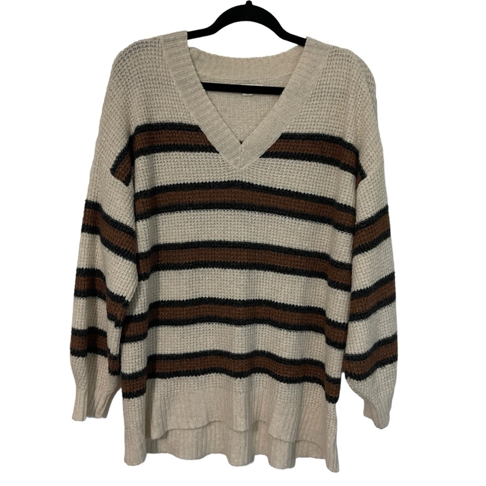 American Eagle Sweater Womens Medium Cream Brown Striped Knit Stretch V-Neck